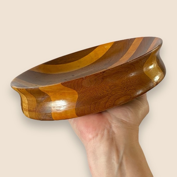 Vintage Handmade Hand Turned Wooden Bowl Pieced Striped Wood 8.75” - Picture 3 of 9